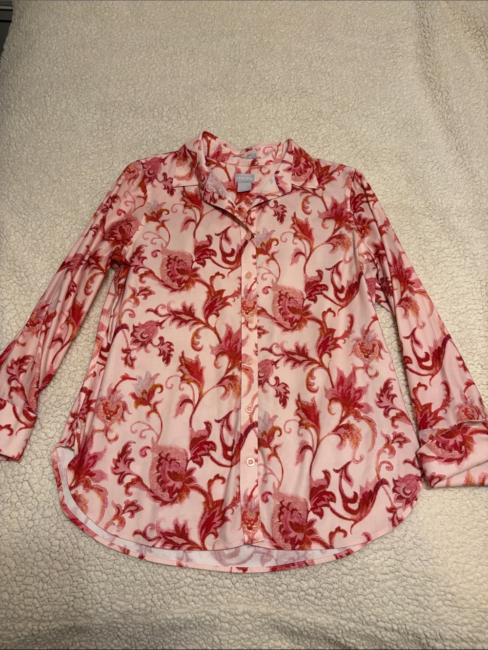 Chico's Pink Floral-Print Button Front No-Iron Stretch Shirt